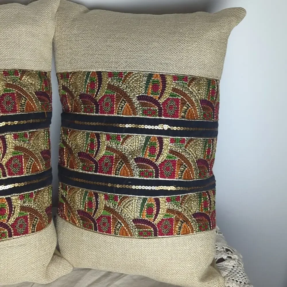 Pier 1 Embroidered Throw Pillows Set of 2 Boho Global Accent 18 x 12